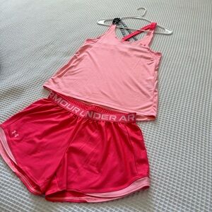 Under Armour light Pink & Hot Pink Active Tank and Shorts Set